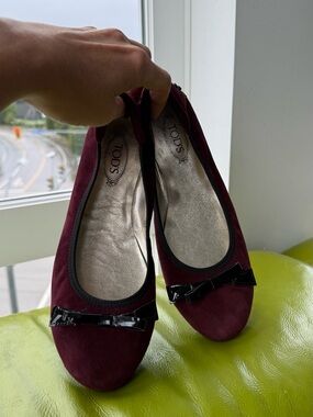 Tod's Burgundy Suede Ballet Flats with Patent Bow Trim